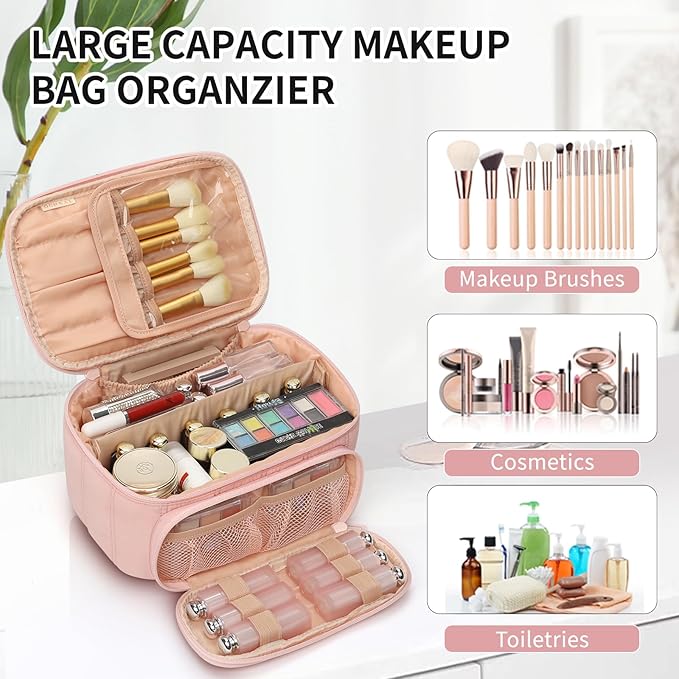 OCHEAL Makeup Bag, Multifunctional Make Up Bags Large Compact Makeup Bag Organizer Cosmetics Toiletry Brushes Storage Case for Women Girls Makeup Case with Handle Divider-Pink Large