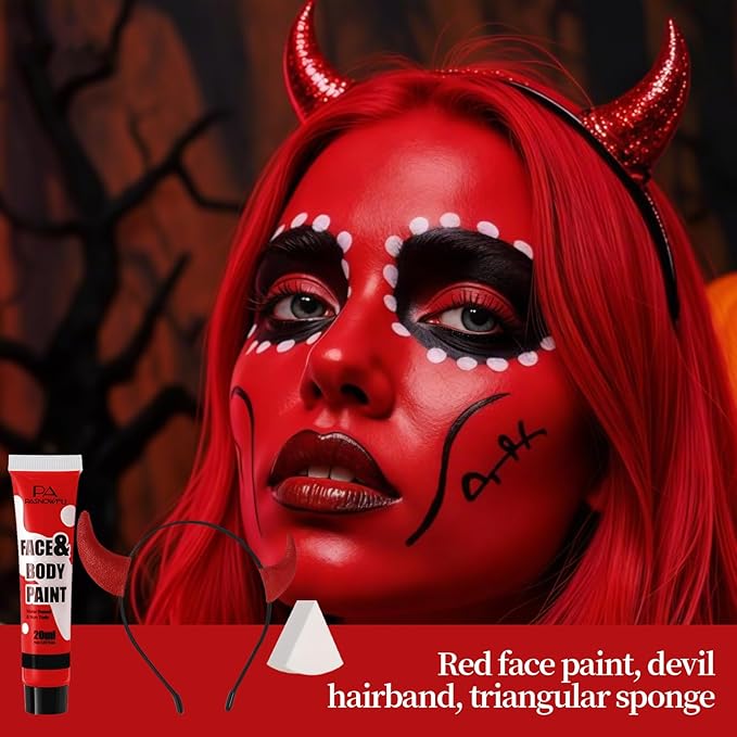 Halloween Makeup Kit for Demon, Water-Based Non-Toxic Face Paint Set with Red Face Body Paint, Red Horn Headband, for Halloween Devil Cosplay SFX Makeup, Theme Parties, Theatre