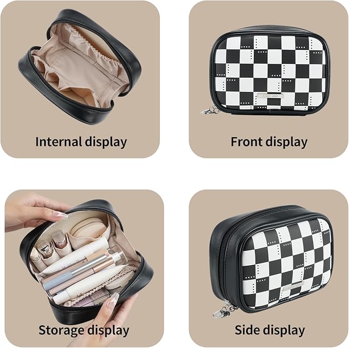 RIGHT AWAY Checkered Makeup Bag for Purse,Small Cosmetic Bag Organizer for Women, Travel Make Up Pouch Waterproof Toiletry Bag Cute Makeup Case for Travel Accessories(Black Checkerboard)