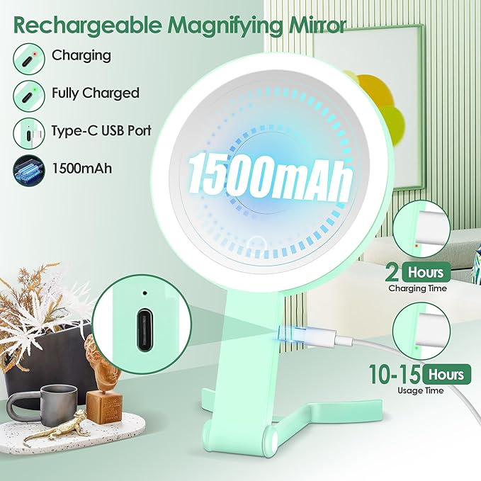 MIYADIVA Magnifying Mirror with Light, Double Sided 30X/1X Lighted Travel Makeup Mirror with Magnification, 3 Color Lighting, Dimmable Touch Screen, Adjustable & Foldable Hand Mirror (Green)