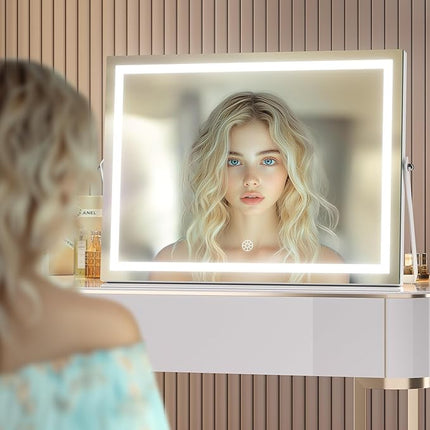Hasipu Vanity Mirror with Lights, 16" x 12" LED Makeup Mirror with 10X Magnification, Smart Touch 3 Colors Dimmable, Adjustable Brightness, 360° Rotation, White