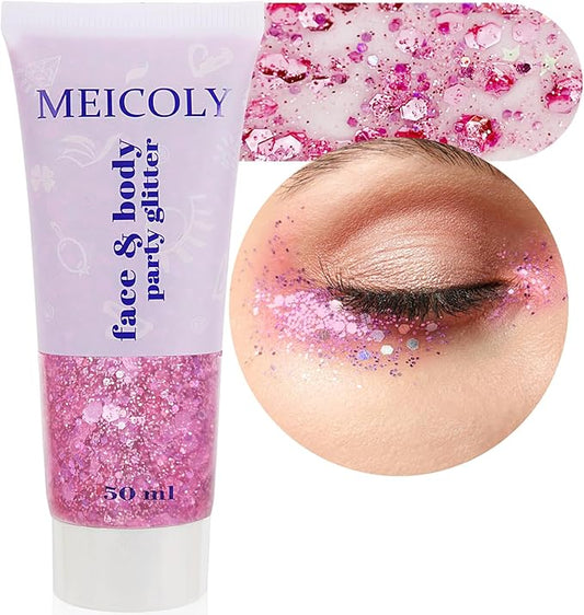 MEICOLY Pink Face Glitter,Pink Body Glitter,Sparkly Hair Glitter,Singer Concerts Lover Heart Chunky Glitter,Pink Glitter Makeup,Mermaid Glitter Face Paint