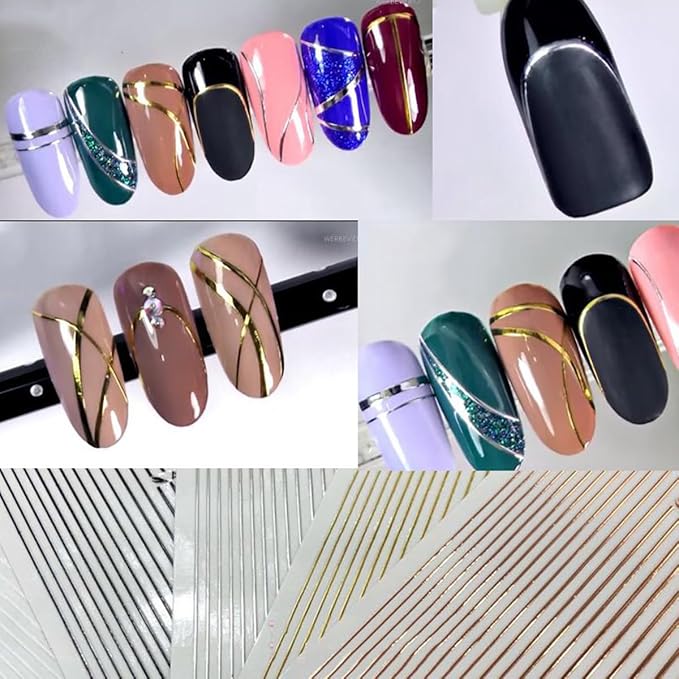 Gold Silver Lines Stripe Nail Art Sticker Decals 3D Metal Strip French Design Nail Decals Self-Adhesive Nail Art Supplies Colored Geometric Waved Manicure Slider for Women DIY Nail Art Decoration Kits