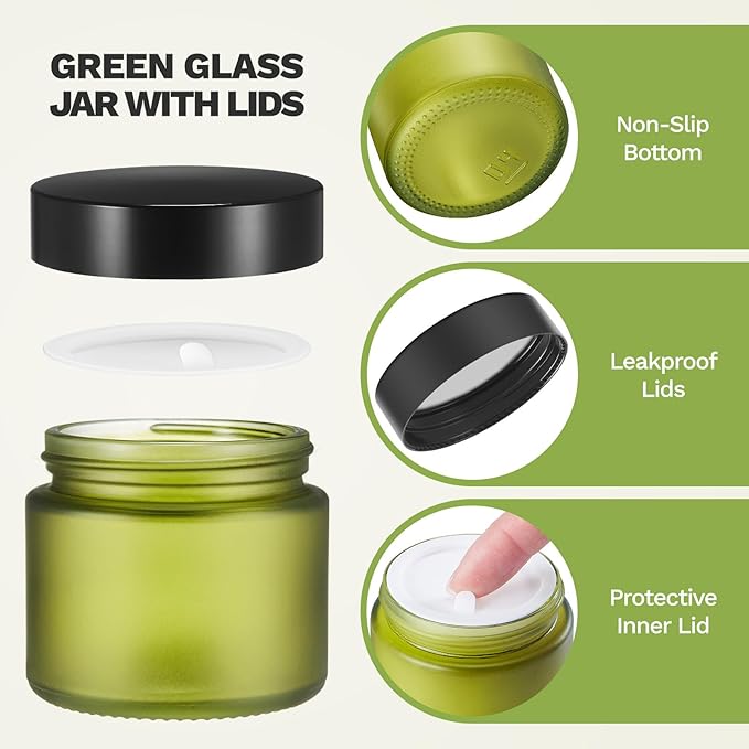 2 oz Small Glass Jars with Lids, Bumobum 48 pack Round Green Glass Candle Jars with Black Lids, White Labels & Inner Liners, Empty Cosmetic Containers for Cream, Lotion, Slime, Ointment