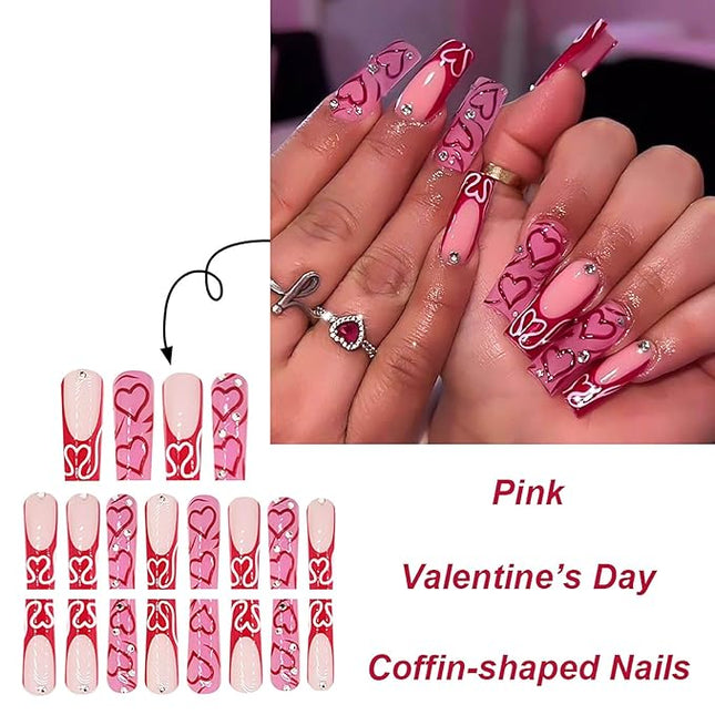 RUOKEXIN Valentine Pink Press on Long Square Fake Nails: French Tip, False with Heart Designs, Sparkly Artificial, Cute Stick on Nails (24Pcs)