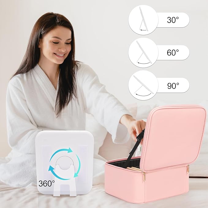 Makeup Bag With LED Mirror, Travel Makeup Case with Light up Mirror Large Cosmetic Case with 3 Color Lighted Portable Professional Organizer Bag with Adjustable Dividers（Pink）