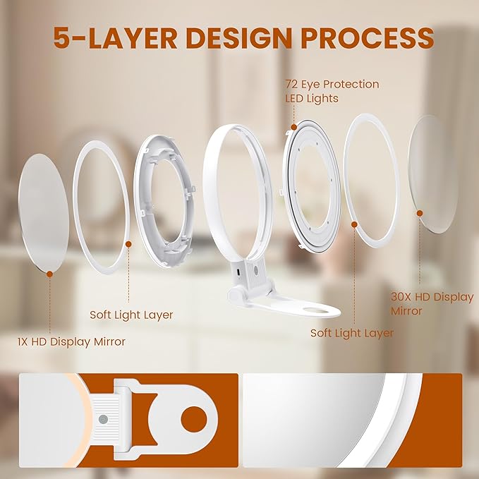 1X/30X Lighted Makeup Mirror with Magnification, Double-Sided Switch, 3-Color Lights, 2000mAh Rechargeable, Adjustable Brightness, Swivel Makeup Mirror with Lights for Vanity or Wall Use