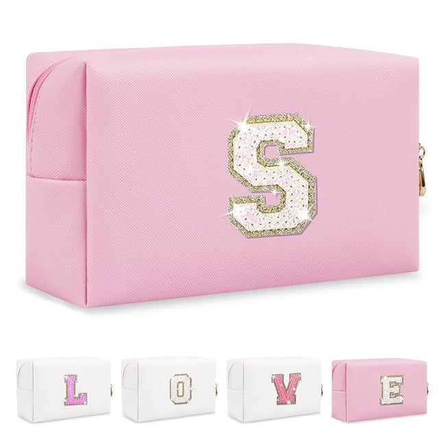 Small Personalized Initial A-Z Patch Makeup Bag,Pink Cute PU Leather Glitter Letter Cosmetic Bag for Teen Girls,Travel Toiletry Bag with Zipper,Preppy Monogrammed Birthday Gift for Daughter Niece S