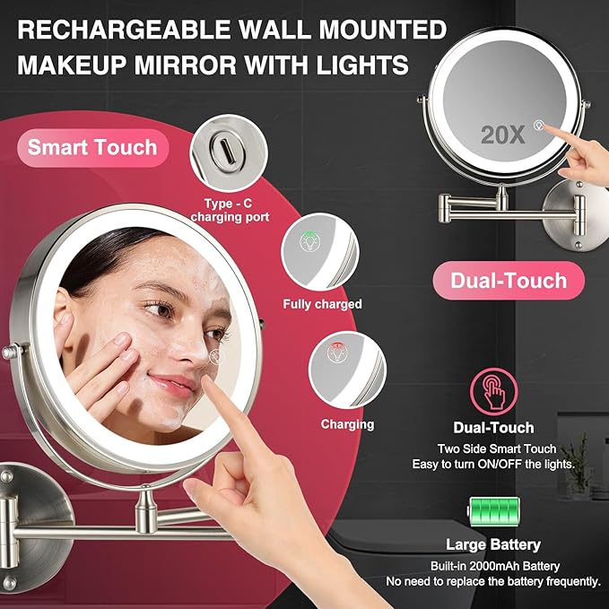 8.5 Inch Magnifying Mirror with Lights, Wall Mounted Makeup Mirror, Dual-Sided 1X/20X, Bright LED Lighting, Space-Saving Design for Bathroom & Vanity, Brushed Nickel