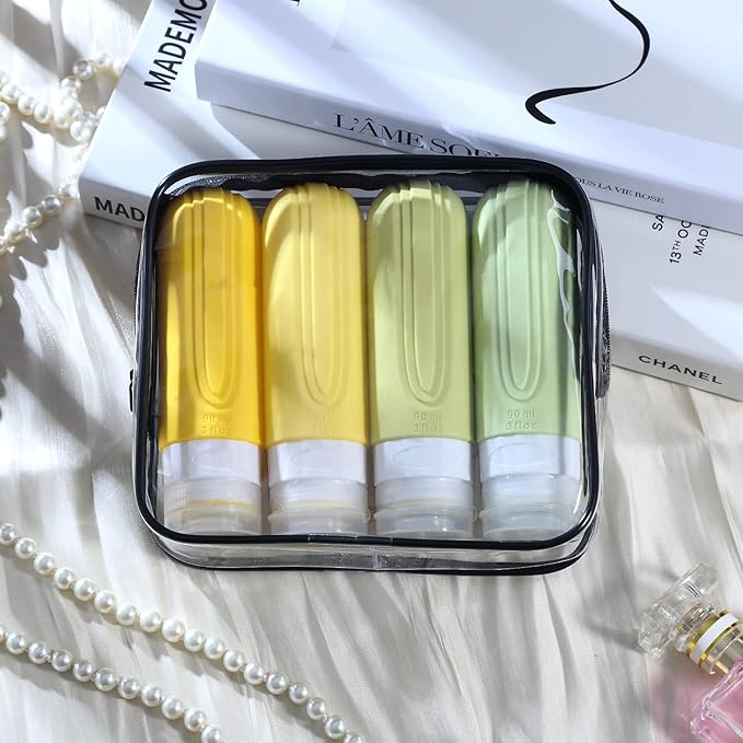 Travel Bottles for Toiletries, Tsa Approved 3oz Travel Size Containers BPA Free Leak Proof Refillable Liquid Silicone Squeezable Travel Accessories for Shampoo Conditioner Lotion (4 Pack)
