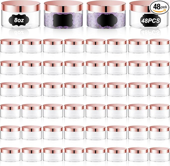 Uiifan 48 Pcs 8 oz Plastic Jars with Lids &labels, Empty Refillable Cosmetic Leak Proof Containers for Cream Body Butters Powder Ointment Lip Scrub(Clear with Rose Gold Lids)