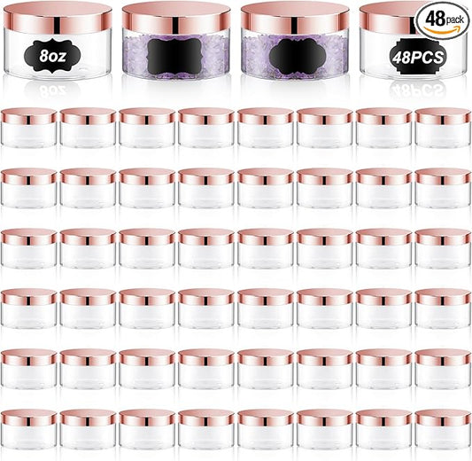 Uiifan 48 Pcs 8 oz Plastic Jars with Lids &labels, Empty Refillable Cosmetic Leak Proof Containers for Cream Body Butters Powder Ointment Lip Scrub(Clear with Rose Gold Lids)