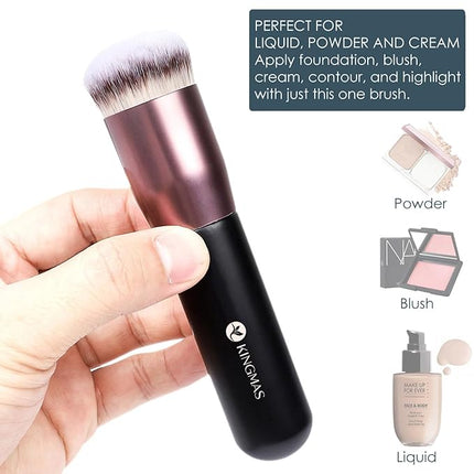 KINGMAS Round Top Foundation Brush, Premium Kabuki Makeup Brush for Liquid, Blending, Cream, Powder,Blush Buffing Stippling Face Makeup Tools (Black, B (Round Top))