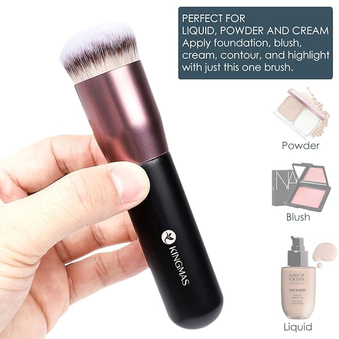 KINGMAS Round Top Foundation Brush, Premium Kabuki Makeup Brush for Liquid, Blending, Cream, Powder,Blush Buffing Stippling Face Makeup Tools (Black, B (Round Top))