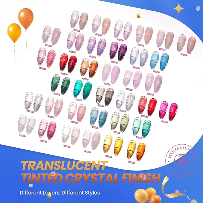 Beetles Jelly Gel Nail Polish Set, 53PCS 36 Colors Jelly Pink Milky White Red Black Blue Green Silver Cat Eye Base Glitter Glossy Matte Top Coat Crystal Ice Collection French Nails Gift for Women