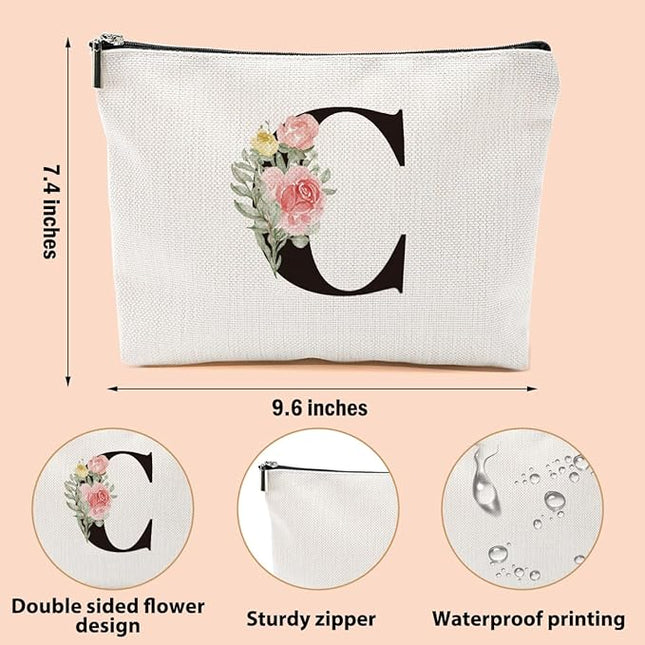 Personalized Makeup Bag, Initial Letter C Makeup Bag for Women Rose Monogram Cosmetic Bags Toiletry Pouch, Monogrammed Gifts for Women Mom Grandma Sister Friends Thanksgiving Christmas Birthday Gift