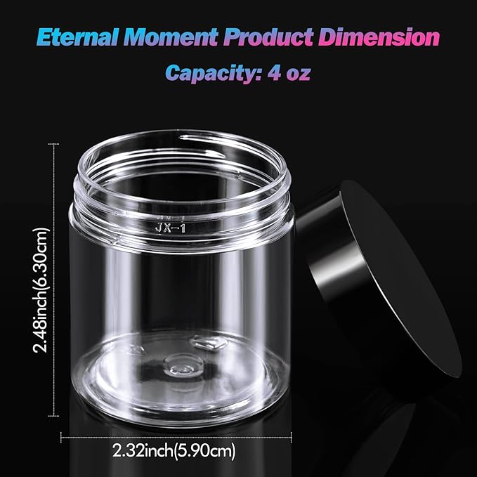50 Pack 4 OZ Plastic Jars Round Clear Cosmetic Container with Black Lids, Eternal Moment Slime Jars for Lotion, Cream, Ointments, Makeup, Eye shadow, Rhinestone, Samples, Pot, Travel Storage