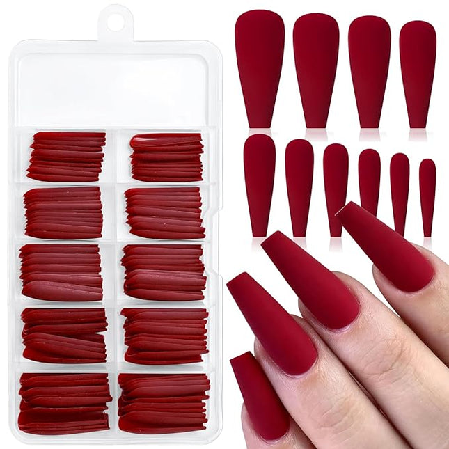 LoveOurHome 100pc Coffin Press on Nails Long Fake Nails Matte Full Cover False Nails Press ons Artificial Nail Medium Ballerina Fake Fingernail Wine Red Presson on Nail Tips for Women Kids Girls