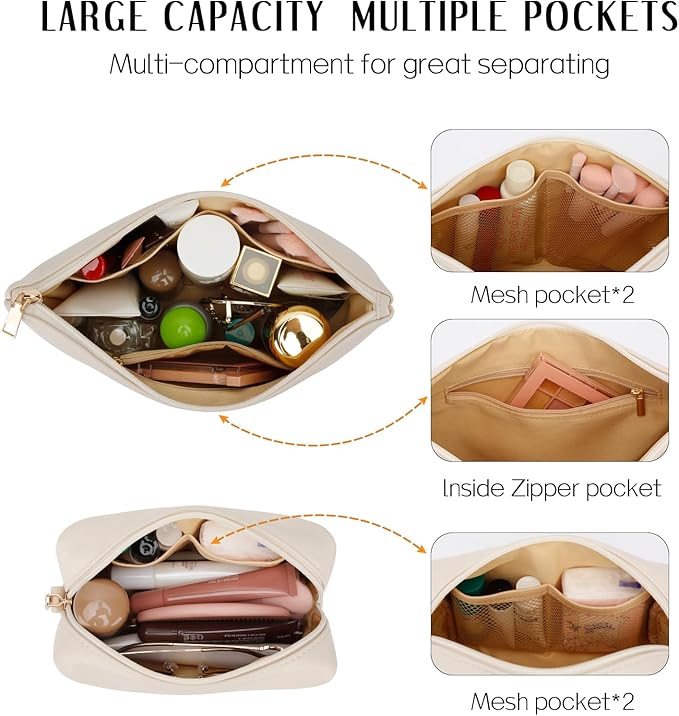 Women Gifts | Initial Makeup Bag Set for Girl Personalized Gifts for Bridesmaid Friend Graduation Teachers PU Leather Cosmetic Travel Toiletry Bag(Beige,I)