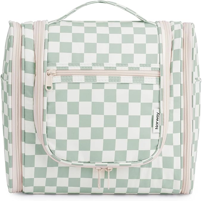 Narwey Checked Hanging Travel Toiletry Bag for Women, Travel Bag for Toiletries, Makeup Bag Organizer Cosmetic Bags Make Up Bags for Women (Mint Green Checkerboard)
