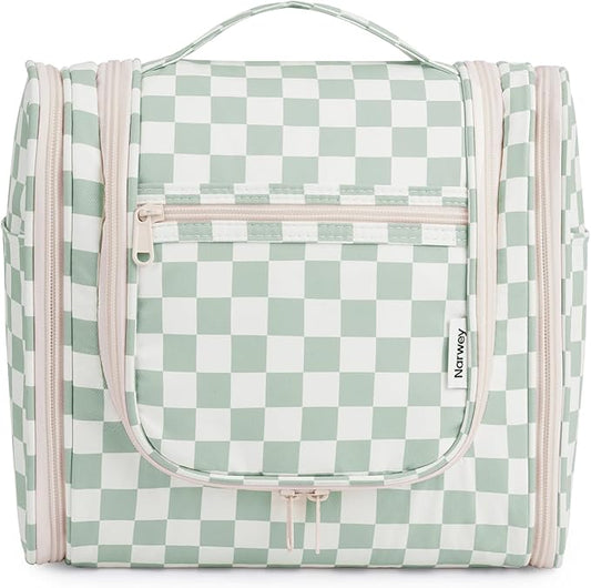 Narwey Checked Hanging Travel Toiletry Bag for Women, Travel Bag for Toiletries, Makeup Bag Organizer Cosmetic Bags Make Up Bags for Women (Mint Green Checkerboard)