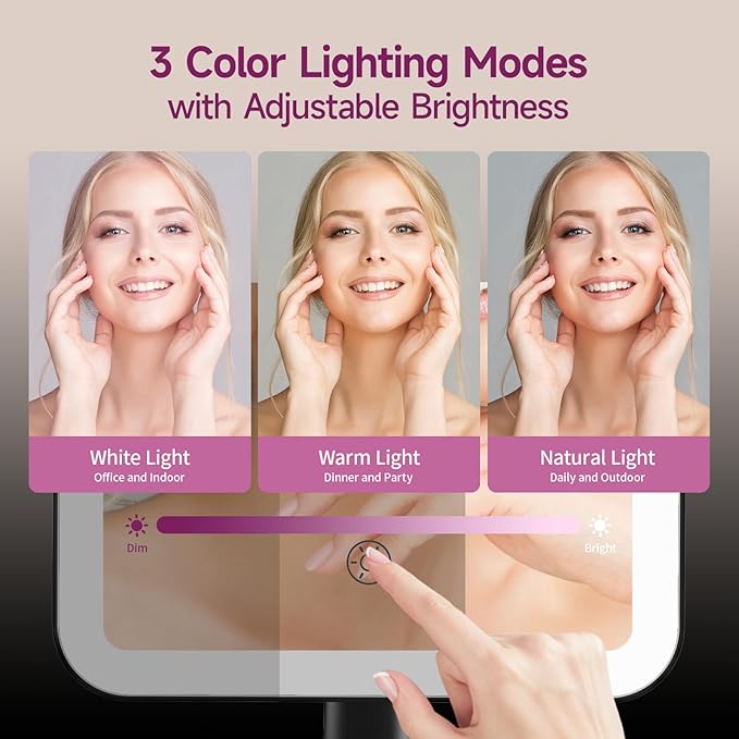 FUNTOUCH Rechargeable Lighted Mirrors for Makeup, 2000mAh, 10X Magnification/3 Color Lighting Portable Tabletop Cosmetic Make Up Mirror, 360° Rotation Led Light up Mirrors with Storage