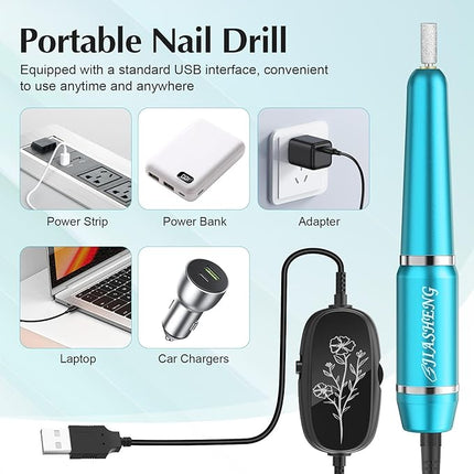 JIASHENG USB Electric Nail Drill, Portable Electric Nail File for Acrylic Gel Nails, Professional Drill Nail Kit Manicure and Pedicure Kit with Drill Bits for Home and Salon Use, Blue