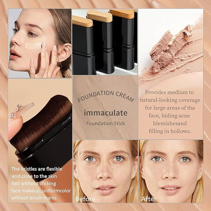 Flawless Face Foundation Stick,Korean Lightweight Hydrating Foundation Contour Stick with Brush,Multi-Use Face Makeup Sticks,Waterproof Thin and Cover Blemishes for All Skin Types (01#Ivory)