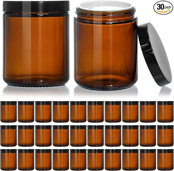 KEYWING 30Pack Amber Glass Jars with Black Lids, 8 oz Empty Cosmetic Jars with Inner Liners, Round Lotion Containers for Cream, Powders and Ointments