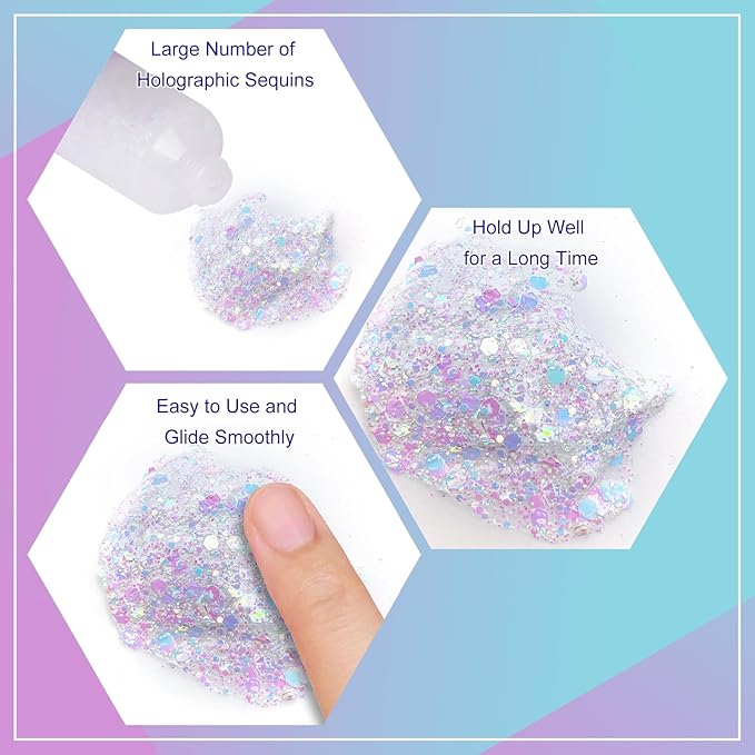 Chameleon Iridescent White Face Glitter,Color Changing Mermaid Body Glitter Gel,Chunky Glitter Face Paint,Sparkling Sequin for Face Body Hair,Halloween Festival Party Glitter Makeup,50ml