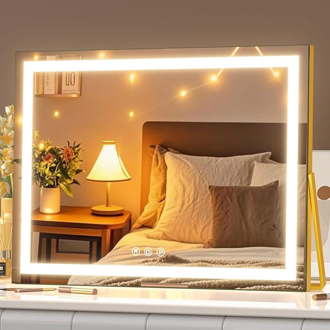 Vanity Mirror with Lights, 15"× 11" LED Makeup Mirror, Lighted Makeup Mirror with Lights, Smart Touch Control Dimmable 3 Modes Light 360°Rotation Gold