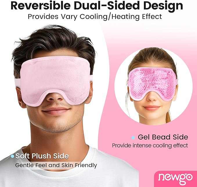 NEWGO Cooling Gel Cold Eye Mask for Puffy Eyes, Reusable Ice Pack with Soft Plush Backing for Dark Circles, Migraine, Stress Relief - Pink