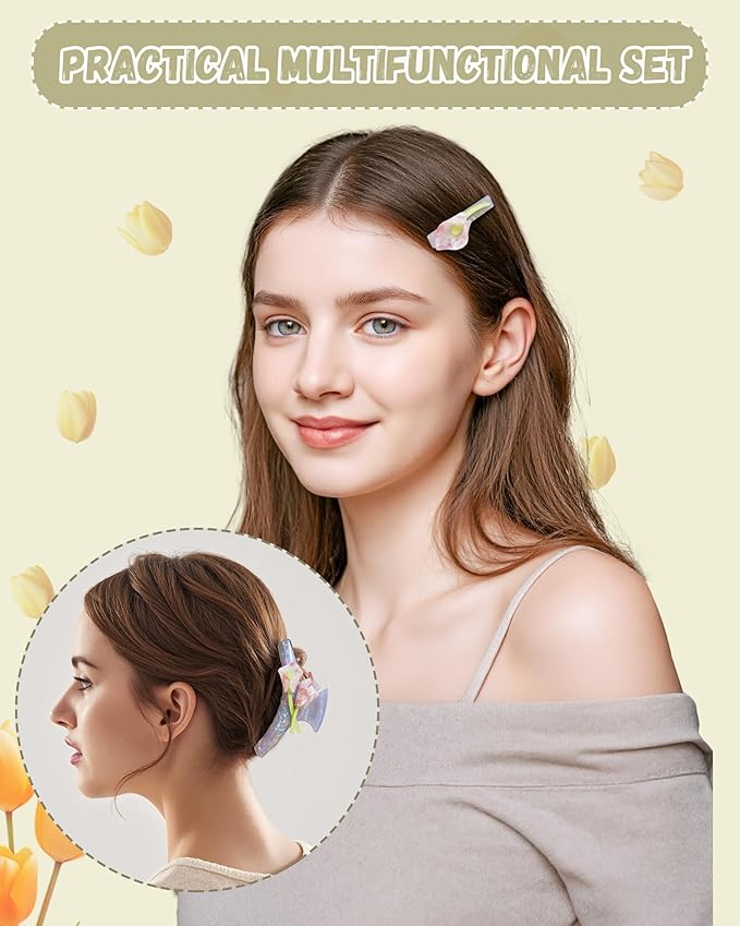 ACECHA Tulip Flower Acrylic Hair Clip Set, 6 Piece Large Claw Clips & No Crease Hair Clips for Thin and Thick，Non-Slip Hair Grip Hairclips for Makeup, Salon, Strong Hold Jaw Clamps (White & Blue)