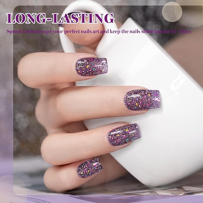 RARJSM Dark Purple Reflective Glitter Gel Nail Polish Holographic Rainbow Iridescent Sparkle Flash Diamond Shimmer LED UV Soak Off Gelpolish Nail Art Manicure Salon DIY at Home 1pcs 7.5ml