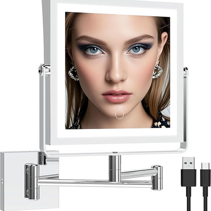 Ruacq Rechargeable Wall Mounted Makeup Mirror with Lights, Double Sided 1X/10X Magnifying Vanity Mirror with 3 Color Lighting, Touch Screen Dimmable, 360° Rotation Extension Foldable Arm(Chrome)