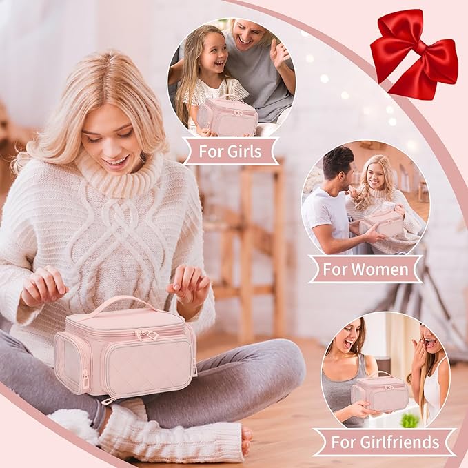 OCHEAL Large Makeup Bag,Cosmetic Organizer for Women with Zipper Pouch and Side Pocket, Multifunctional Compartments and Dividers,Travel Makeup Case for Toiletries, Brushes & Beauty Tools-Pink