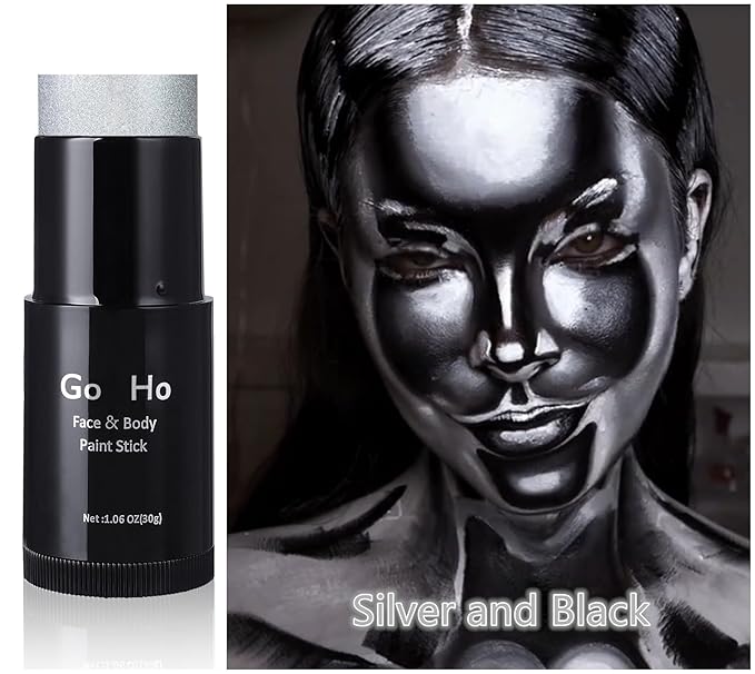 Go Ho Cream-Blendable Silver Face Paint (1.06 oz),Waterproof Metallic Silver Face Body Paint Stick for Halloween Costumes Cosplay SFX Makeup