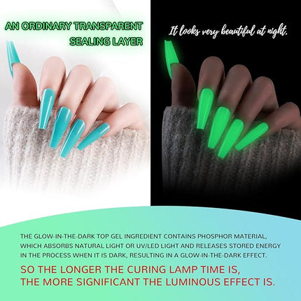 U-Shinein Glow In The Dark Gel, Glow Transparent Nail Top Coat, Long-lasting Luminous Nail Gel Top Coat for Nail Art, UV LED Needed Perfect with Any Colors Salon Pro DIY Home