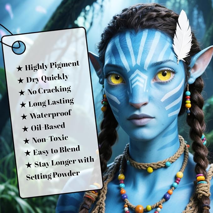 Light Blue White Black Face Body Palette, Oil-Based Professional Makeup for Halloween Cosplay SFX makeup Sally Avatar, Non-Toxic Waterproof Full Face Paint for Adult Carnival Celebrations