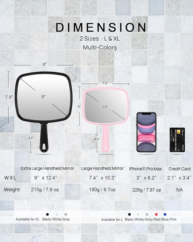 PROTECLE Large Hand Mirror, Salon Barber Hairdressing Handheld Mirror with Handle (Square Pink 10.3"x7.4")