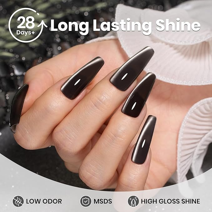 Beetles Black Cat Eye Gel Polish, 15ML Black Glass Cat Eye Glitter Gel Polish with Magnet Shimmer Translucent Sheer Color Soak Off UV Midnight Sands Series French Nail Art Dsign Gift for Women