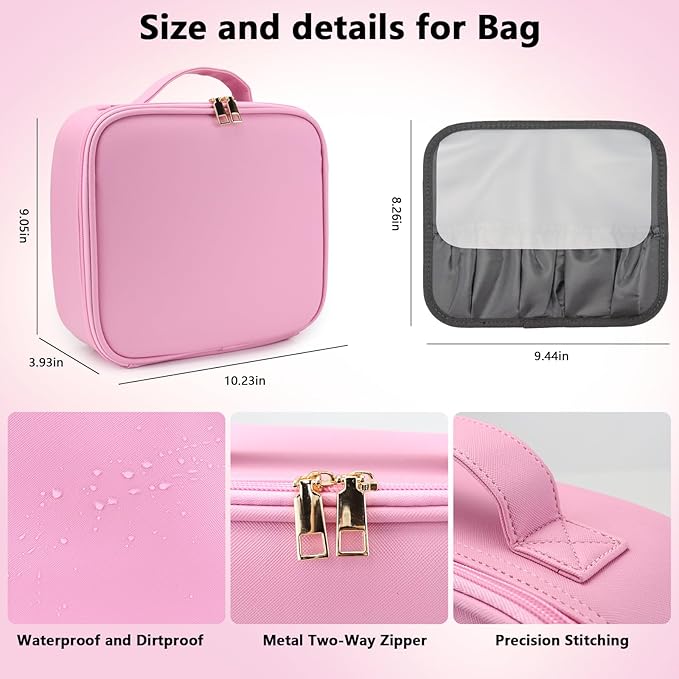 Travel Makeup Bag with LED Mirror Travel Makeup Organizer with 3 Lighted Settings, Adjustable Dividers and Makeup Brush Storage Bag Dark Pink