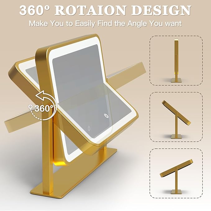 Gold Vanity Mirror with Lights, 14"×12" LED Makeup Mirror, Lighted Makeup Mirror with Lights, Smart Touch Control 3 Colors Dimmable, Lighted Up Mirror for Makeup Desk, 360° Rotation