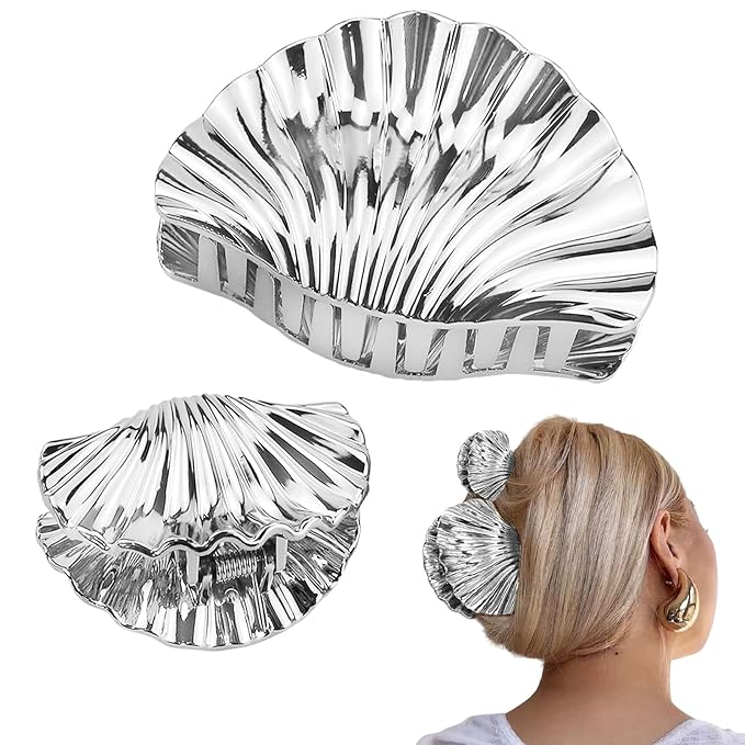 2pcs Seashell Hair Clip Fashion Sweet Shell Hair Claw Metal Shell Claw Clip Hair Accessories for All Hair Types, Such as Thick, Long, Straight, and Curly Hair (Silver (1 large + 1 small)