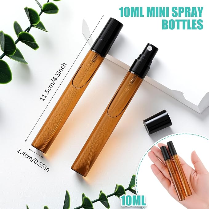 Zhehao 50 Pcs Mini Spray Bottles 10ml Clear Glass Perfume Bottles Refillable Fine Mist Perfume Atomizer Portable Empty Sample Containers for Cleaning, Essential Oils, Travel (Amber)