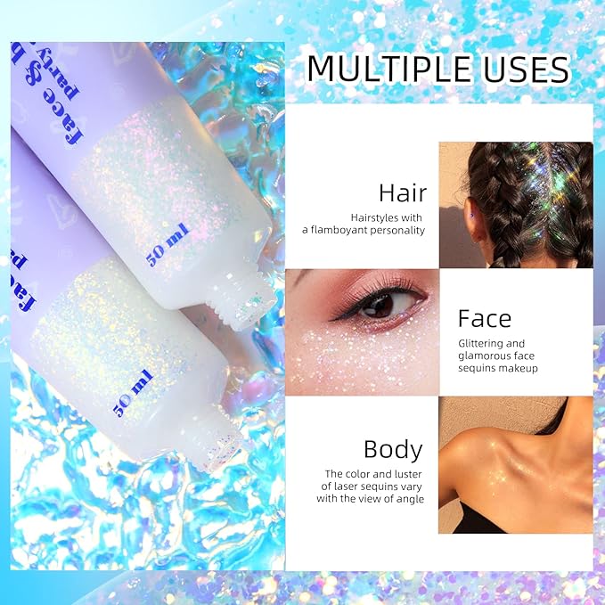 DAGEDA Body Glitter Gel, Holographic Face Glitters Body Gel Shimmer Liquid Eyeshadow, Color Changing Glitter for Face Hair Nails, Glitter Under Light Festival Glitter Makeup 1.7oz (Galaxy Blue)
