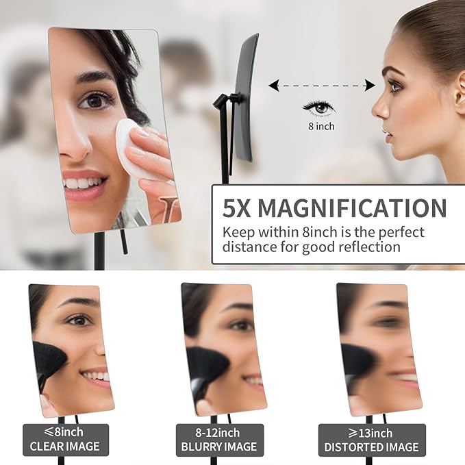 DOWRY 5X Tabletop Magnifying Makeup Mirror Adjustable Rectangular Vanity Mirror for Bedroom 304 Stainless Steel Matte Black