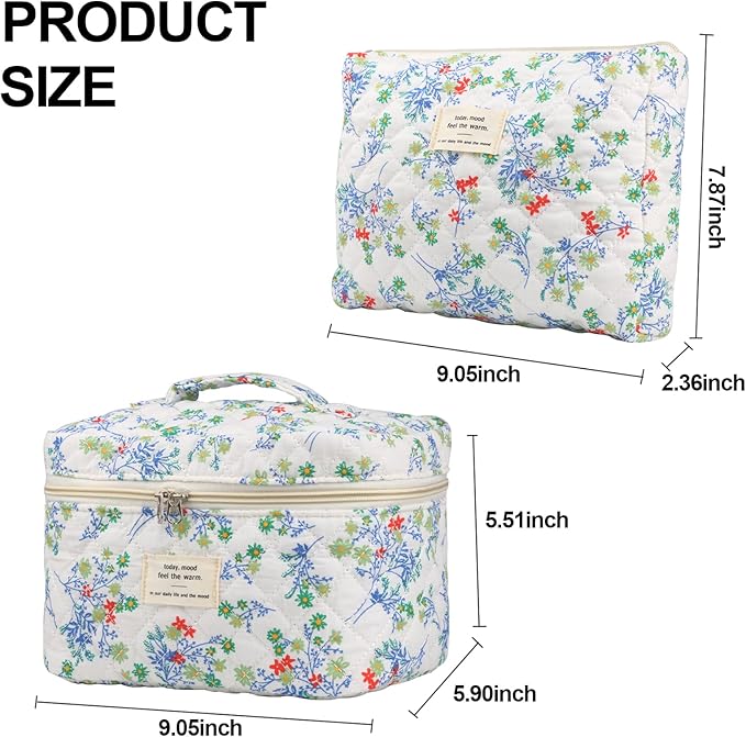 VIWIME Makeup Cosmetic Bag, Large Cotton Quilted Travel Coquette Aesthetic Cute Floral Make up Bag for Women Toiletry Bag Organizer(Red&Green Flower/2Pcs)