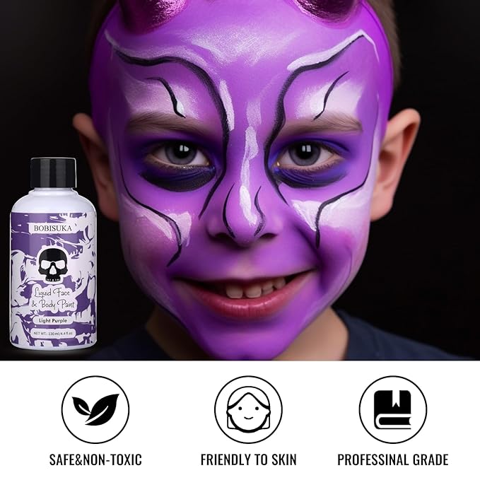 BOBISUKA Light Purple Face Body Paint Liquid Texture Washable Non Toxic Facepaint Fast Drying Foundation Makeup for Halloween Ursula Dabi Widowmaker Cosplay SFX Costume Party Large Capacity(130ml)