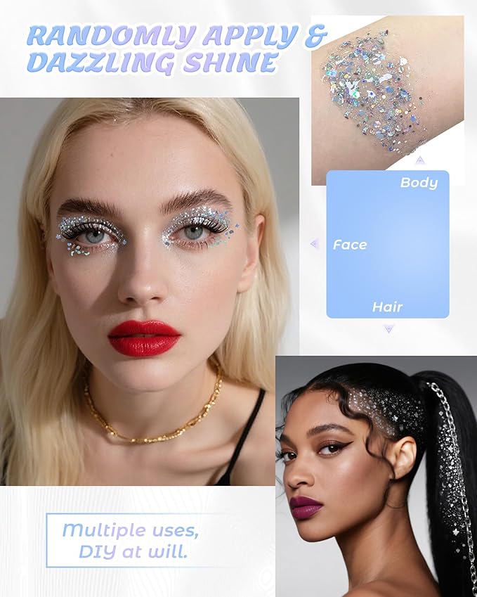 6PCS Silver Face Body Glitter Gel，Holographic Chunky Sequins Body Glitter Paint for Party Singer Concerts Music Festival Rave Accessories for Girls Women Face Body DIY Sparkling Makeup